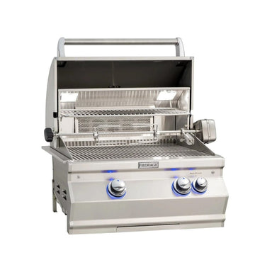 Fire Magic 24" Aurora Built-In Gas Grill with Back Burner & Rotisserie Kit (2 Burner) Open Hood