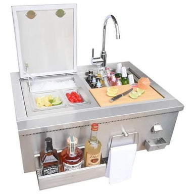 30" Farmhouse Sink includes two extra drop-in sinks to create a full bartender cocktail station with 15x15 ice chest and 15x15 Sink