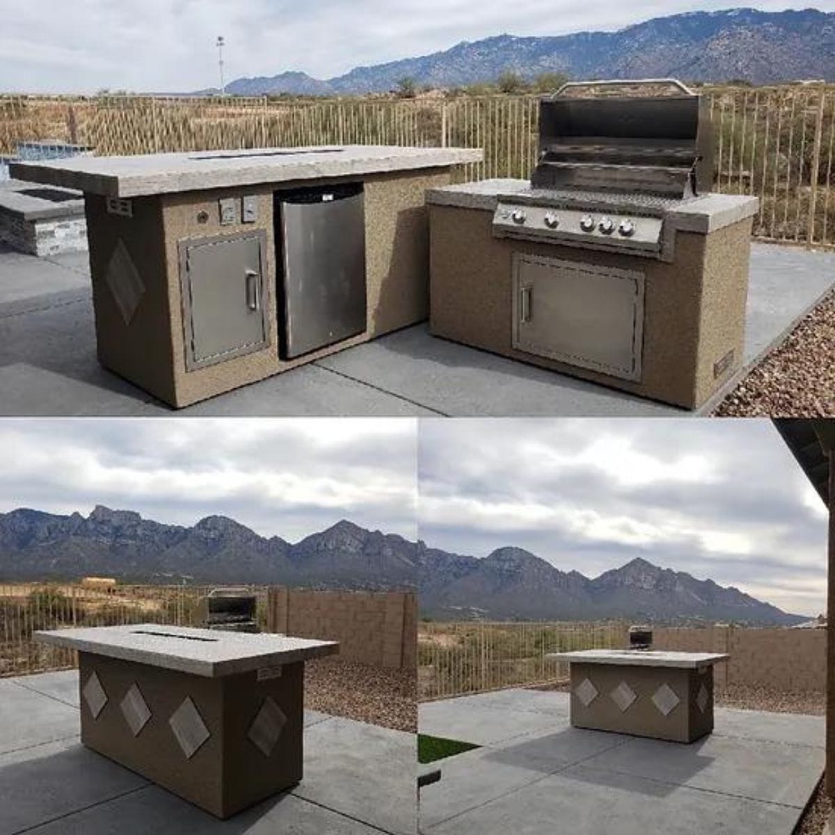 Featuring the Kokomo Baja/Fire L-Shaped BBQ Island with Fire-pit, 4 Burner BBQ, Outdoor Refrigerator