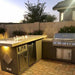 Featuring the Kokomo Baja/Fire L-Shaped BBQ Island with Fire-pit, 4 Burner BBQ, Outdoor Refrigerator