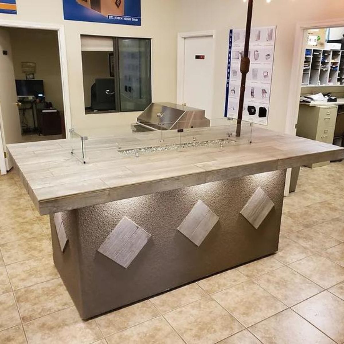 Featuring the Kokomo Baja/Fire L-Shaped BBQ Island with Fire-pit, 4 Burner BBQ, Outdoor Refrigerator