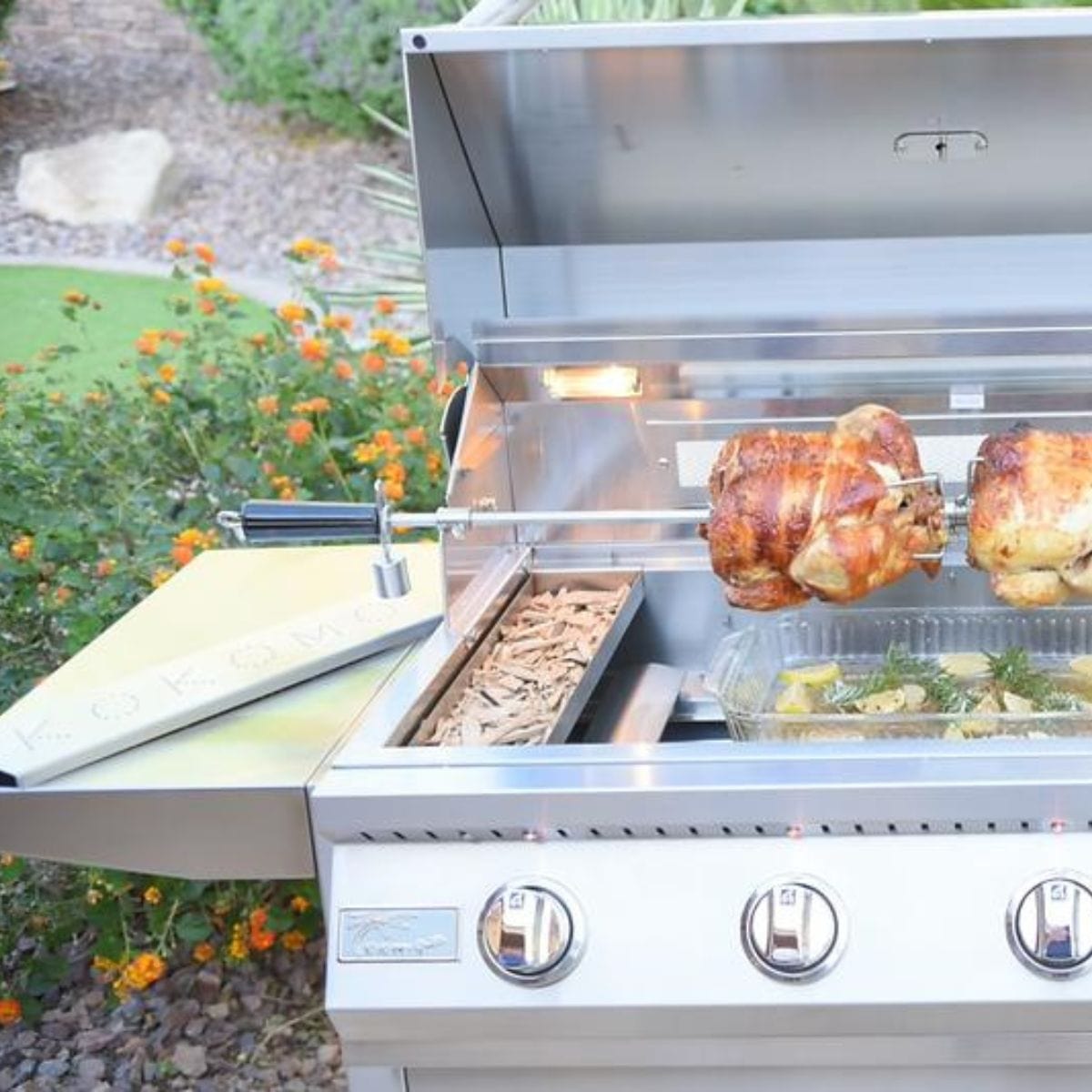 How the Kokomo Smoker Chip Box Insert in Stainless Steel looks when used.