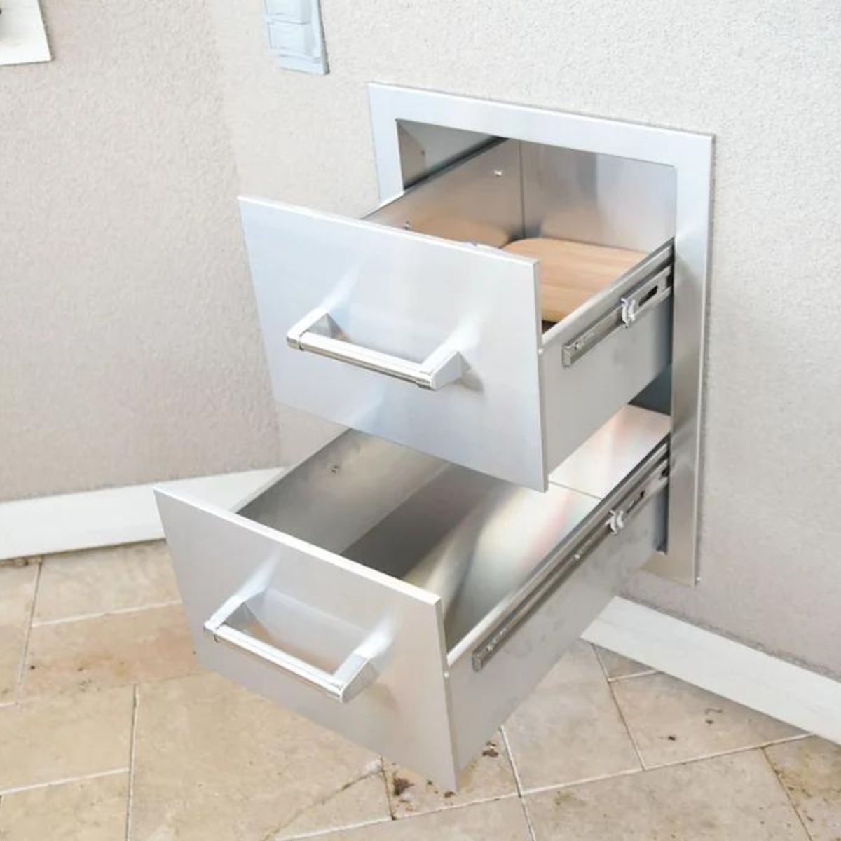 The Kokomo Stainless Steel Double Drawer when installed.