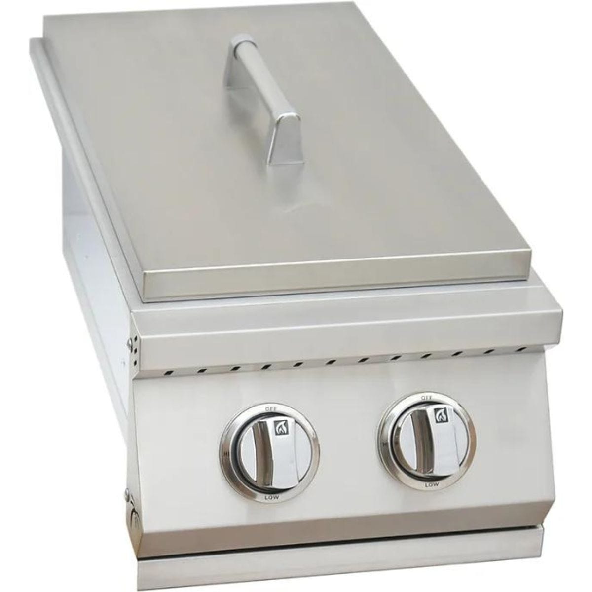  The stainless steel cover protects the burner when not in use and features a curved handle to match other Kokomo products. 