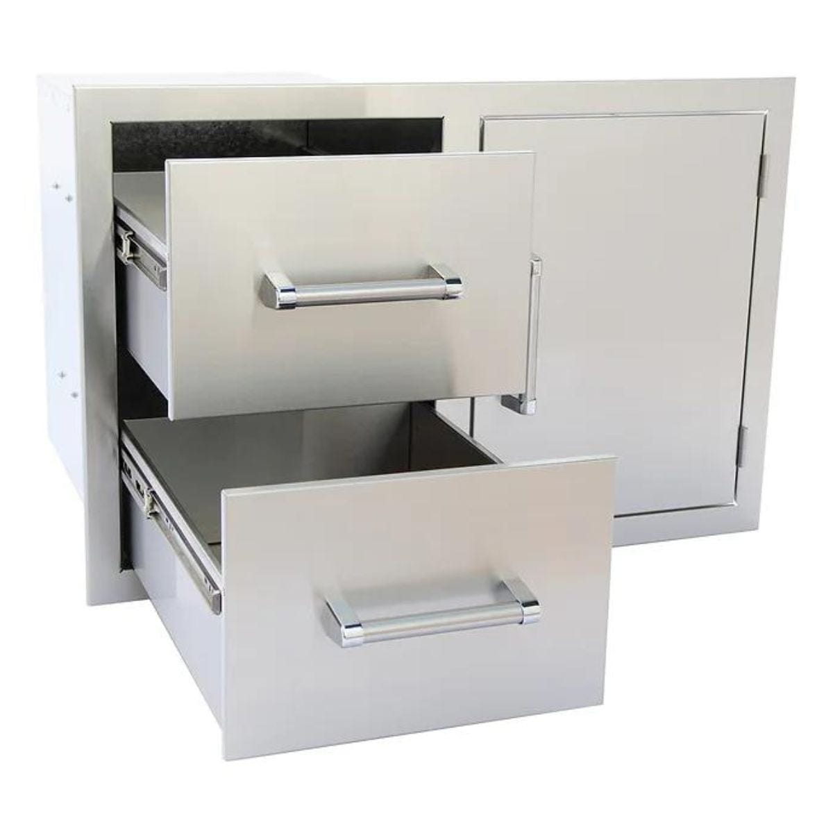 The Kokomo Stainless Steel Two Drawer - One Door Combo when opened