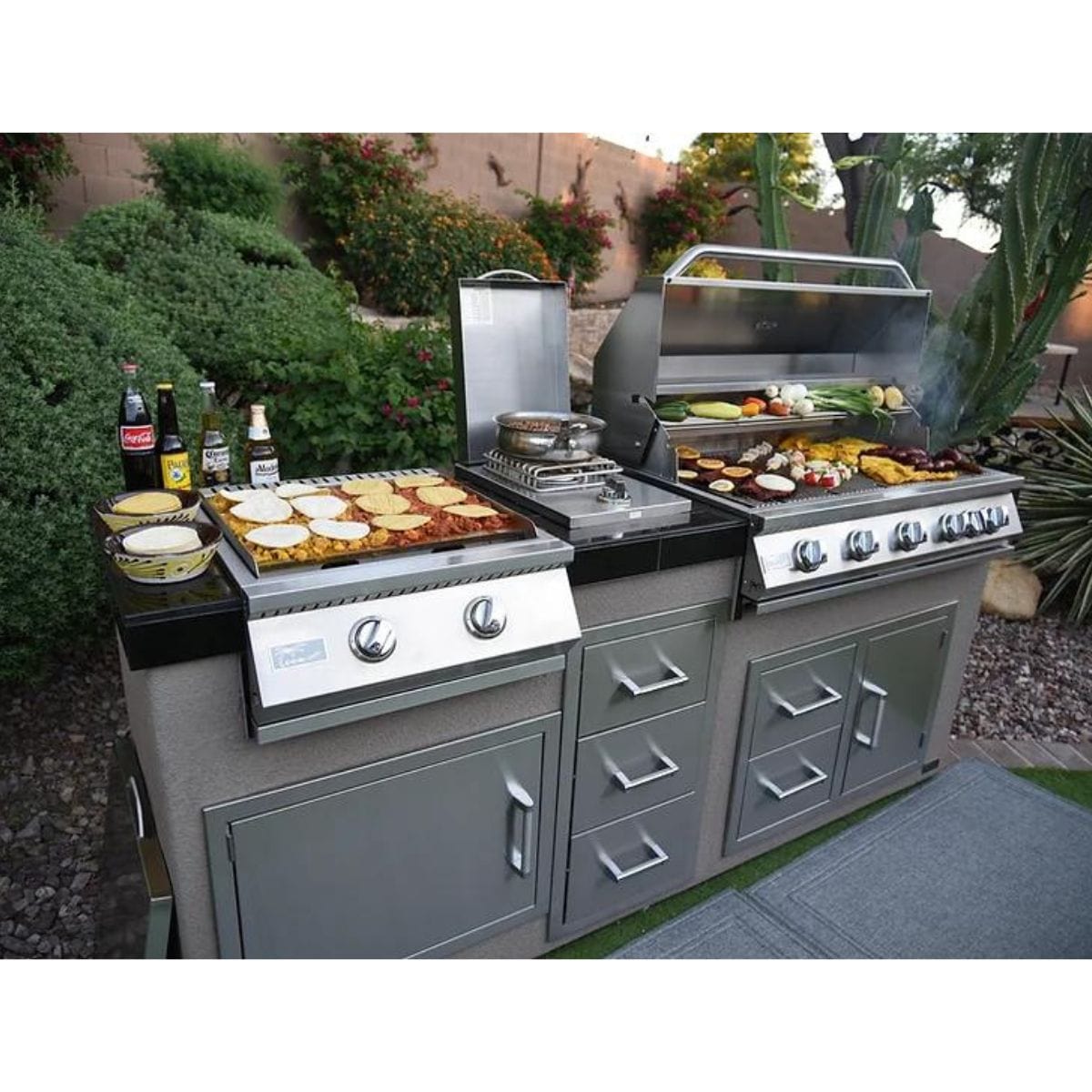 This is the Kokomo Teppanyaki, Griddle, Built-In BBQ Grill with Side Burner, Storage Drawers 7'6"