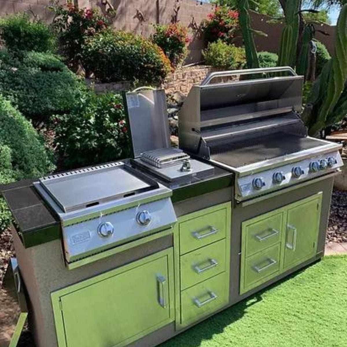 This is the Kokomo Teppanyaki, Griddle, Built-In BBQ Grill with Side Burner, Storage Drawers 7'6"