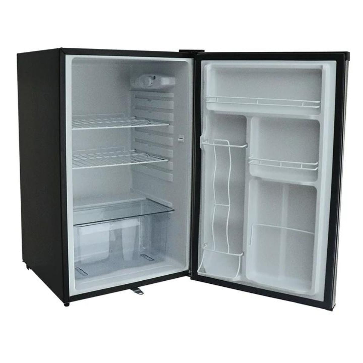 The REFR1A features a stainless steel door, wire adjustable shelves, interior lights, auto defrost and a locking door