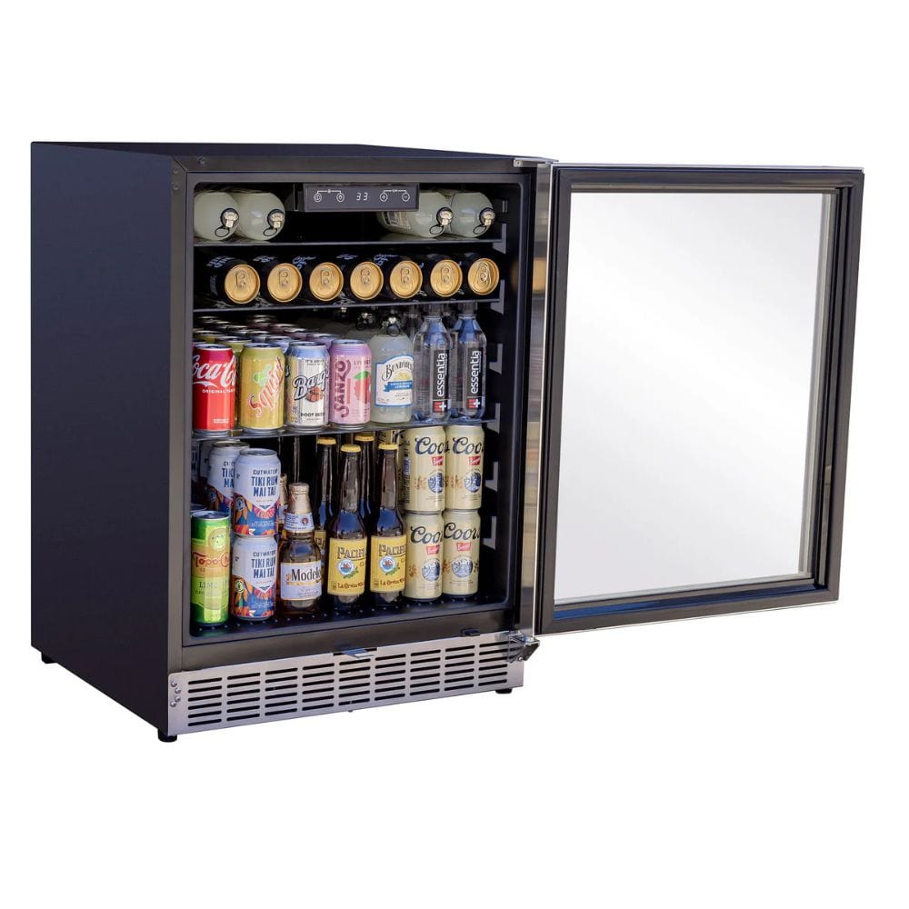 Summerset 24" 5.1c Outdoor Rated Fridge w/ Glass Door and Glass Shelves Lifestyle Open